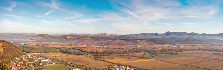 valley of alba country romania. beautiful countryside between apuseni and fagaras mountains. views from deva castle hill. sunny and foggy weather in autumn