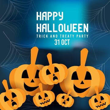 Happy Halloween banner or party invitation background with  pumpkins in paper cut style.Scary spiderweb of halloween symbol. Vector illustration.