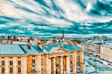 Beautiful panoramic view of Paris from the roof of the Pantheon. View on University of Paris.