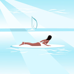 A surfer girl is lying on a board waiting for a wave. Vector illustration.