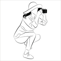 
Girl in a hat sitting takes pictures. A sketch of a seated girl. Isolated image of people.