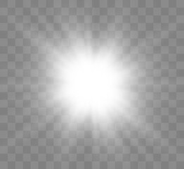 White glowing light explodes on a transparent background. Bright Star. Transparent shining sun, bright flash. Vector graphics.	