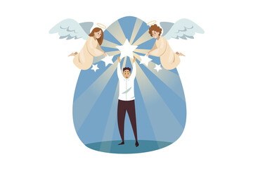 Religion, christianity, support, success, goal achievement concept. Angels biblical characters helping glorifying young businessman clerk manager holding shining star. Divine assistance illustration.