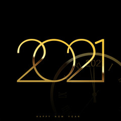 Happy 2021 Year card with golden watch on black background. Vector.