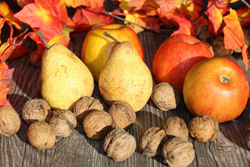 Äpfel, Birnen und Walnüsse auf einem rustikalen Holztisch als herbstliches Motiv