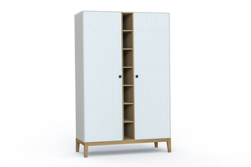 3D illustration. White modern design wardrobe isolated on white background. Solid oak wood legs. Thin body edges. Furniture with open shelves for books. Rhombus pattern on door. Scandinavian style.