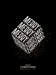 Christmas kinetic typography. Kinetix trendy Text Template. Merry Christmas and Happy New Year. Modern Xmas poster, banner, brochure, flyer, cover. Black background white letters. Vector illustration