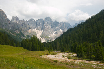 Fototapeta na wymiar View of Pale of San Martino group view from Malga Venegia in the Dolomites