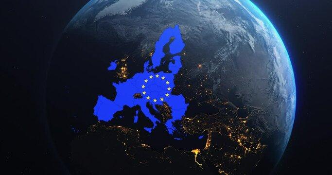 Planet Earth from Space European Union Map EU Flag, 2020 political borders post brexit, 3d illustration, elements of this image courtesy of NASA