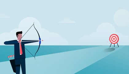 Businessman aiming the target with arrow. Man character shooting at the target. Focus on target vector illustration