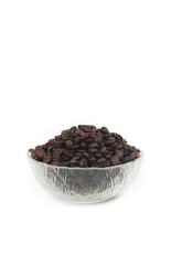 Roasted coffee beans in glass bowl isolated on white