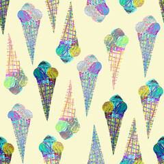 Ice cream childrens seamless pattern by hand-drawn in pencil. Cartoon naive drawing in cute baby style on light background. For celebration birthday, holiday, baby textile, package,wrapping paper.