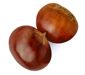 Chestnut Isolated. Roasted sweet chestnuts for Christmas on white background. Top view. Flat lay.