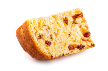 Piece of Christmas festive pound cake with dried fruits and nuts  isolated on white background.