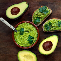 Avocado  on dark  wooden Background.  Guacamole sauce with avocado toast, mint and herbs. Top view. Copy space.