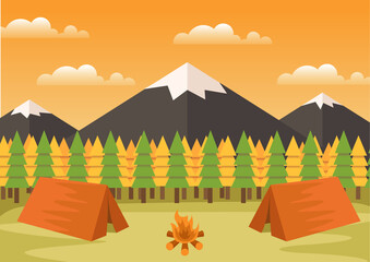 landscape design with basic shapes. camp in the forest near the mountain. perfect for background