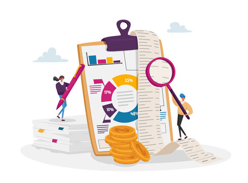 Accounting and Bookkeeping. Tiny Accountant Characters at Huge Clip Board Filling Bookkeeping Data, Graphs and Charts