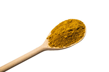 Curry in wooden spoon isolated on white.