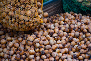 Fresh bio hazelnuts in a street market ready for selling and eating