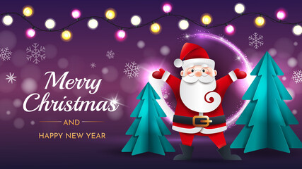 Funny Santa Claus with Christmas trees and garland on a purple background. Greeting horizontal card template.