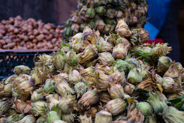 Fresh bio hazelnuts in a street market ready for selling and eating