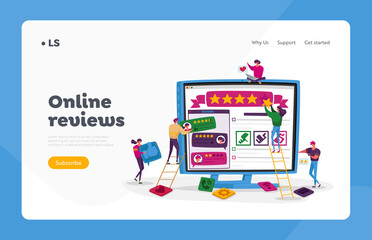 Customers Online Review, Ranking and Rating Landing Page Template. Tiny Characters Put Huge Stars on Pc Screen, Feedback