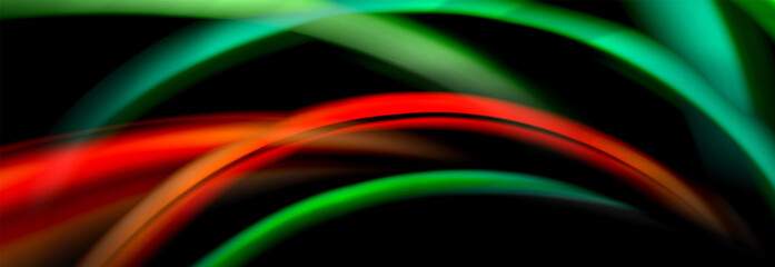 Obraz premium Dynamic motion abstract background. Color blurred stripes on black. Wave liquid lines poster. Vector illustration