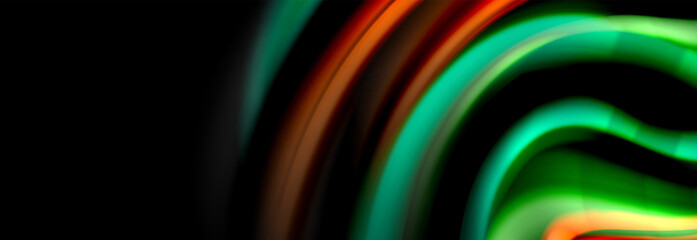 Dynamic motion abstract background. Color blurred stripes on black. Wave liquid lines poster. Vector illustration