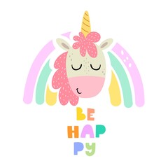 Obraz na płótnie Canvas cartoon unicorn, rainbow, hand drawing lettering. Colorful vector illustration, flat style. design for cards, print, posters, logo, cover