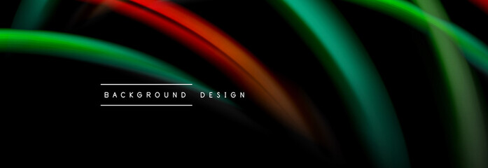 Dynamic motion abstract background. Color blurred stripes on black. Wave liquid lines poster. Vector illustration