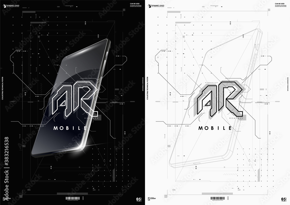 Poster augmented reality logo with hud elements. futuristic abstract template with smartphone for web and a