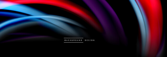 Dynamic motion abstract background. Color blurred stripes on black. Wave liquid lines poster. Vector illustration