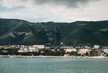 Fototapeta premium GELENDZHIK, RUSSIA. Markhotsky ridge around town Gelendzhik and coastline of Black sea, 10 June 2016.
