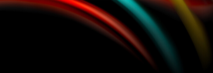 Dynamic motion abstract background. Color blurred stripes on black. Wave liquid lines poster. Vector illustration