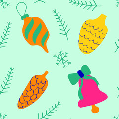 Hand drawn cones, bell, Christmas tree toy. Seamless pattern for christmas design.