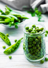 Healthy food. Fresh green peas in open glass jar  on wooden background