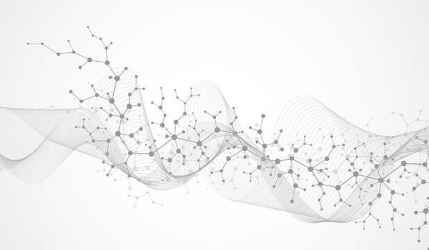 Molecular structure background. Science template wallpaper or banner with a DNA molecules. Asbtract scientific molecule background. Wave flow, innovation pattern. Vector illustration.