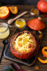 millet porridge baked in pumpkin with honey and raisins