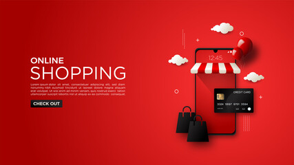 Online shopping background, with black card illustration and elegant red mobile phone.
