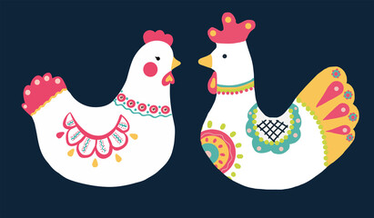 Traditional ethnic style Hen and Cockerel folkstyle illustration