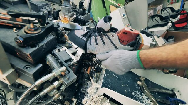 Factory production of footwear. Industrial machine is putting a sneaker into shape