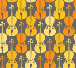 Yellow violins, seamless pattern. Yellow and orange violins on a gray field. Color, flat decor. Vector.  