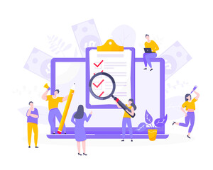 Online survey form or exam application on the monitor screen, claim form, clipboard and tiny people working together. Internet questionnair, online education quiz vector illustration concept metaphor.