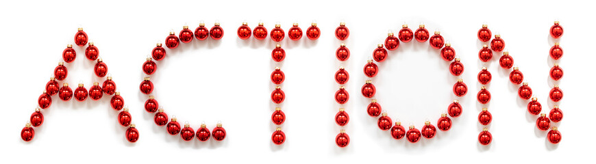 Red Christmas Ball Ornament Building English Word Action. Festive Christmas Decoration. White Isolated Background
