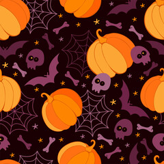 Happy Halloween holiday seamless pattern. Holiday background with scary pumpkins, bat, skull, bones, spider webs and skeleton. Cartoon creepy funny monster characters. Hand drawn vector illustration.