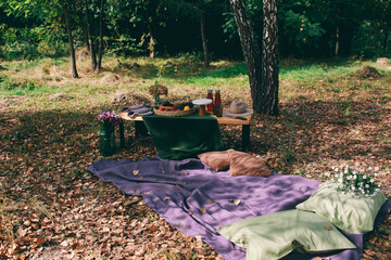 Outdoor Gender Reveal Party Decorations. girl or boy. beautiful photo zone with cake and fruits.
autumn decor with purple and green color. Two glasses of the red wine and tasty food and accessories 