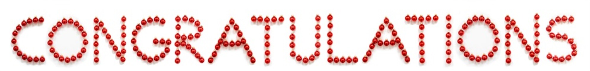 Red Christmas Ball Ornament Building English Word Congratulations. Festive Christmas Decoration. White Isolated Background