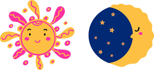 Traditional folk Moon and Sun Kids magic Christmas illustration. Day and Night symbols