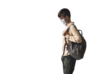 Sad schoolboy in protective mask bent his head down on white isolated background