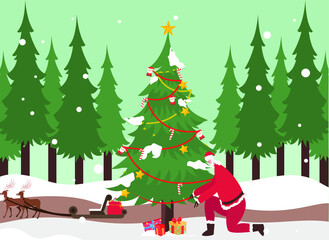 Christmas vector concept: Santa claus puts many presents under christmas tree with reindeer on sleigh at park